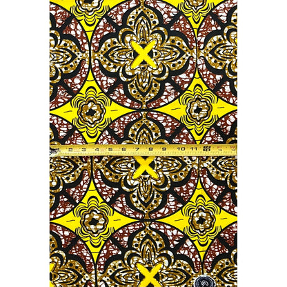 African Print Fabric/Ankara - Yellow, Black, Brown "Kano Crown" Design, Per Yard