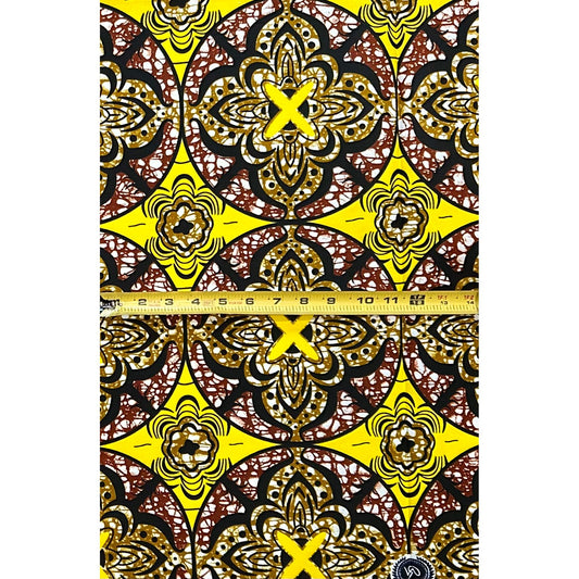 African Print Fabric/Ankara - Yellow, Black, Brown "Kano Crown" Design, Per Yard