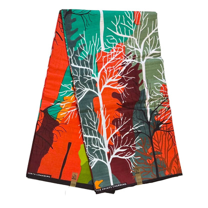 African Print Fabric/ Ankara - Orange, Shades Green, Brown 'Isime Tropic', Yard or Wholesale