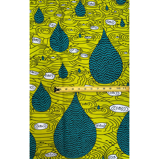 African Print Fabric/ Ankara - Green, Teal ‘Raindrop Riddin' Design, YARD