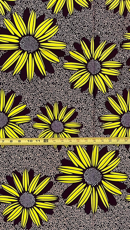 African Print Fabric/ Ankara - Yellow, Brown, Beige "Sunflowers at Dusk", 1 YARD