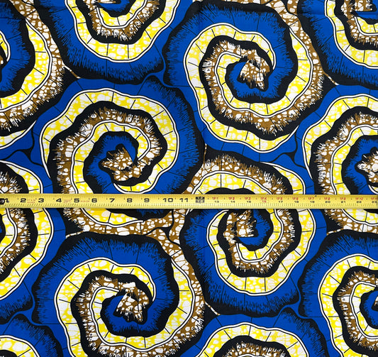 African Print Fabric/ Ankara - Blue, Yellow, Brown 'Mafi Spiral', 1 YARD