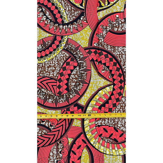 African Print Fabric/ Ankara - Pink, Brown, Yellow ‘Heirloom Rings' Design, 1 YARD