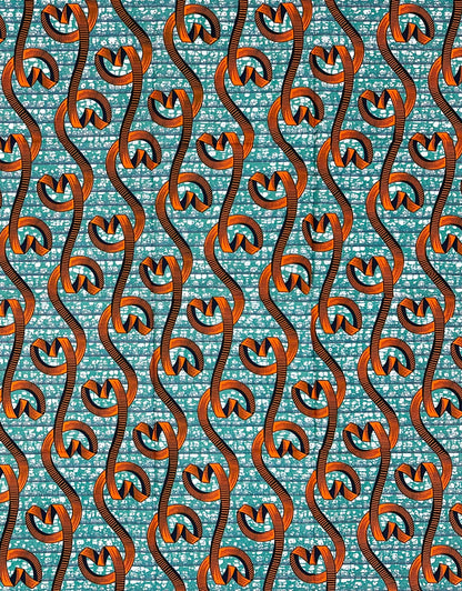 African Print Fabric/ Ankara - Green, Orange, Navy 'Dancing Before Dawn', 1 YARD