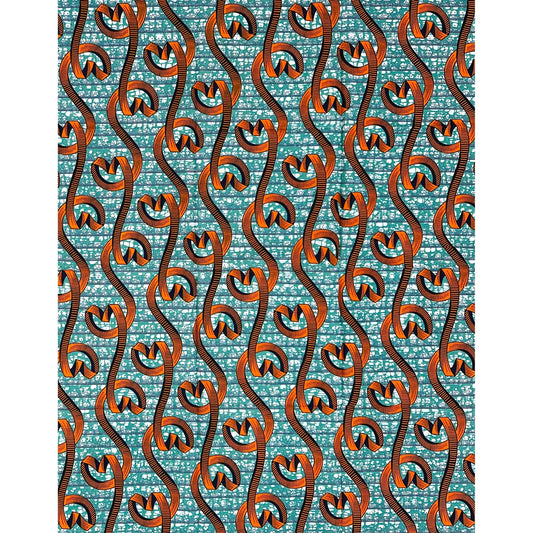 African Print Fabric/ Ankara - Green, Orange, Navy 'Dancing Before Dawn', 1 YARD