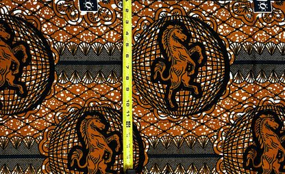 African Print Fabric/ Ankara - Brown, Blue 'Stallions of the Sahel', 1 YARD