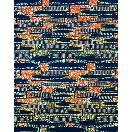 African Print Fabric/ Ankara - Orange, Green, Brown, Navy 'The Pieces Will Align,' YARD