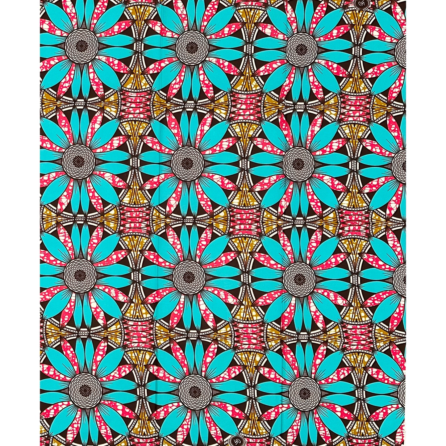 African Print Fabric/ Ankara - Blue, Brown, Pink ‘Kinetic Flower ' Design, 1 YARD