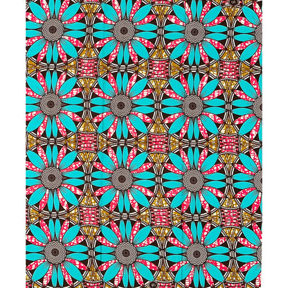African Print Fabric/ Ankara - Blue, Brown, Pink ‘Kinetic Flower ' Design, 1 YARD