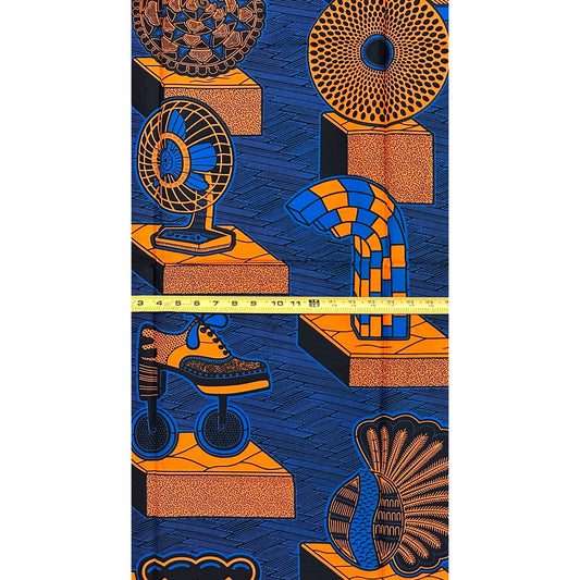 African Print Fabric/ Ankara - Blue, Orange 'Cultural Artifacts' 11/12ths YARD