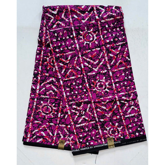 African Print Fabric/ Ankara - Magenta, Red, Black 'Bola Code' Design, YARD or WHOLESALE