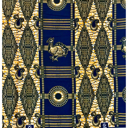 African Print Fabric/ Ankara - Blue, Marigold 'Guinea Fowl' FLAWED Design, YARD or WHOLESALE