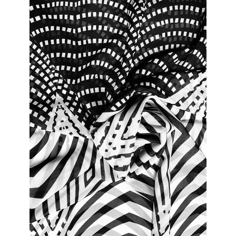 African Print, Chiffon Fabric- Black, White "Lalibela Heights", ~ 2 Yards