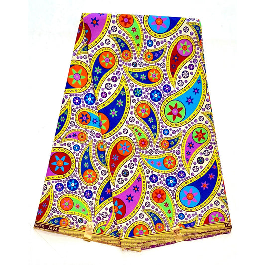 African Print Fabric/ Ankara - Rainbow, Cream 'Naja Paisley' Design, YARD or WHOLESALE
