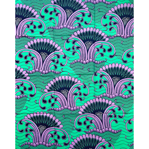 African Print Fabric/ Ankara - Turquoise, Purple, Navy 'Curves & Bends,' YARD