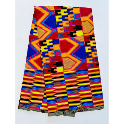 African Print Fabric/ Ankara - Blue, Orange, Red 'Shakirat' Kente, YARD or WHOLESALE