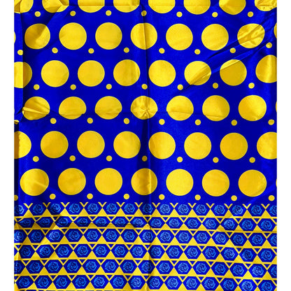 African Print, Satin Fabric - Blue, Yellow "Circles of Eliud", Per Yard or Wholesale