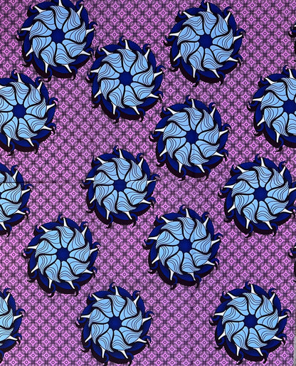 African Print Fabric/ Ankara - Pink, Blue, Brown 'Oyo Rosette,' 1 YARD