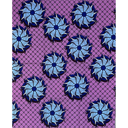 African Print Fabric/ Ankara - Pink, Blue, Brown 'Oyo Rosette,' 1 YARD