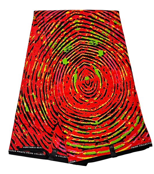 African Print Fabric/ Ankara - Bright Red - Dark Orange, Black, Green 'Fire Print’, YARD or WHOLESALE