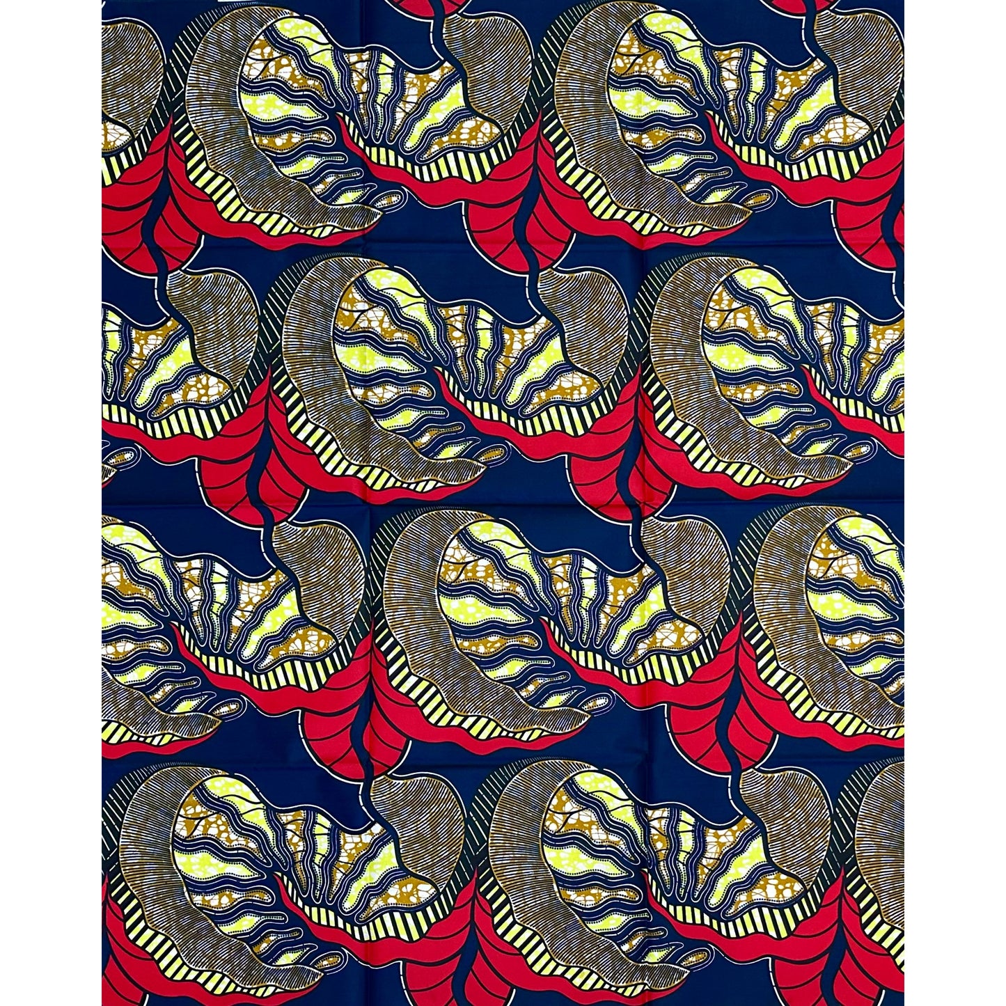 African Print Fabric/ Ankara - Red, Yellow, Navy 'Big Leaf Energy', 1 YARD