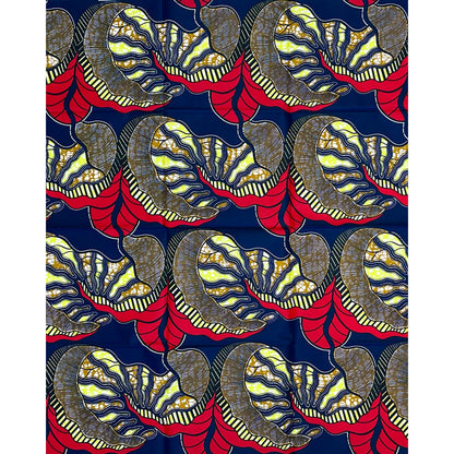 African Print Fabric/ Ankara - Red, Yellow, Navy 'Big Leaf Energy', 1 YARD