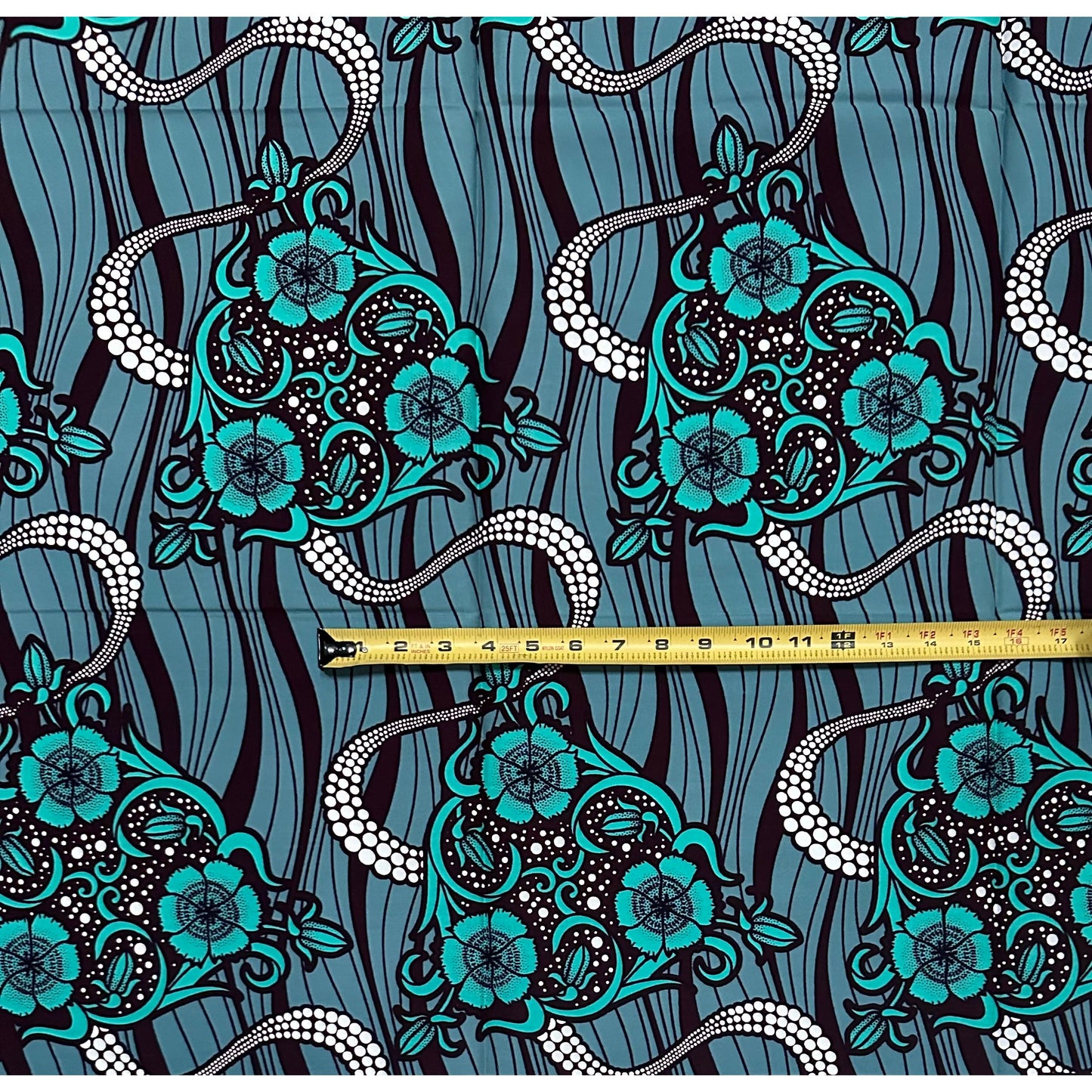 African Print Fabric/ Ankara - Green, Slate, Brown 'Omi & Ink' Design, 1 Yard
