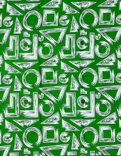 African Print Fabric/ Ankara - Green, White 'Tatu Forms' Design, YARD or WHOLESALE