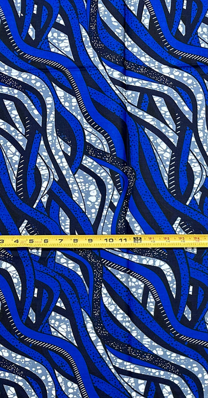 African Print Fabric/ Ankara - Blue, Gray 'The Long Crossing', 1 Yard