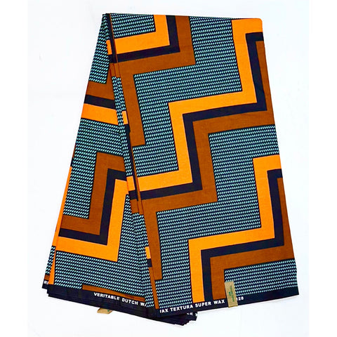 African Print Fabric/ Ankara - Orange, Brown, Black, Turquoise 'Mbira Pulse' Design, YARD or WHOLESALE