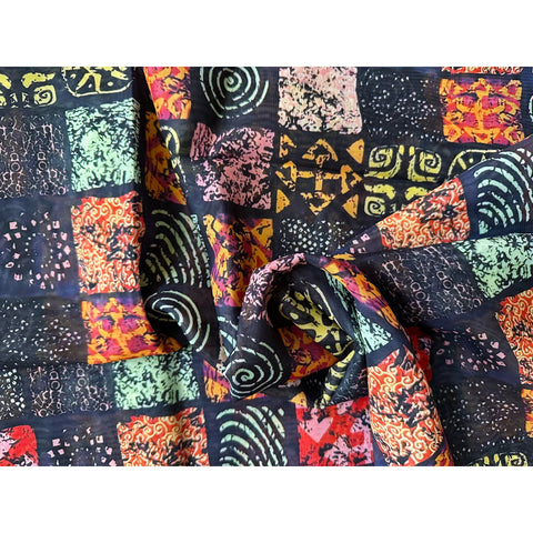 African Print, Chiffon Fabric - Pink, Red, Black, Beige, Yellow "Camelia", ~2 Yards