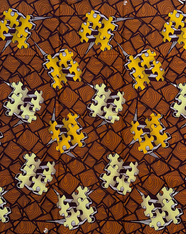 African Print Fabric/ Ankara - Plum, Brown, Beige 'Nguvu Puzzle,’ YARD