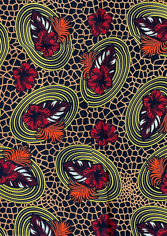 African Print Fabric/ Ankara - Brown, Red, Orange, Black 'Honey & Fire', YARD or WHOLESALE