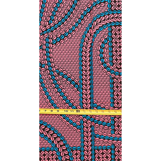African Print Fabric/ Ankara - Pink, Blue "Queen of Cowries" Design, 1 Yard