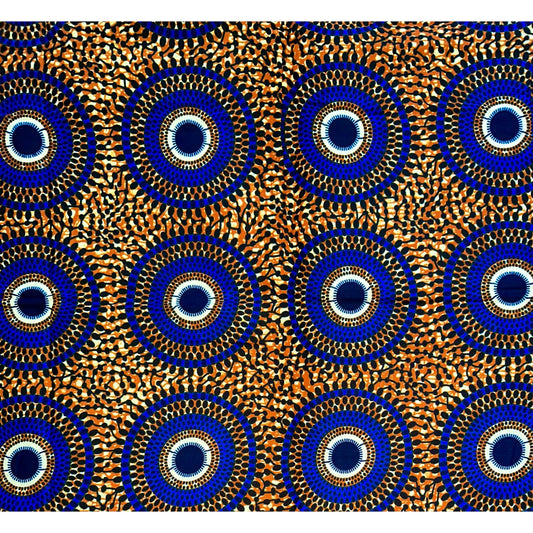 African Print Fabric/ Ankara - Brown, Blue 'Bullseye' Design, YARD or WHOLESALE