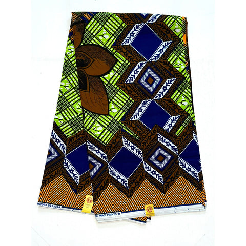 African Print Fabric/ Ankara - Green, Blue, Brown 'Olduvai’, YARD or WHOLESALE