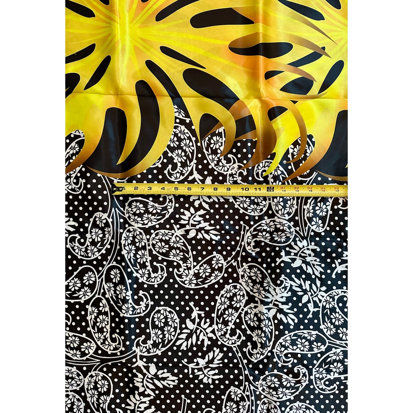 African Print, Satin Fabric- Black, White, Yellow, Gold "Swirl of Ibukun", Yard or Wholesale