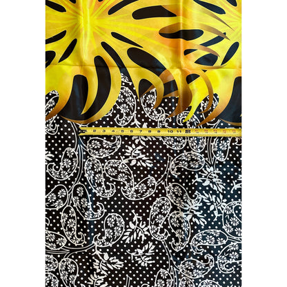 African Print, Satin Fabric- Black, White, Yellow, Gold "Swirl of Ibukun", Yard or Wholesale