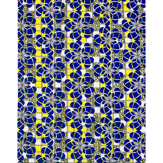 African Print Fabric/ Ankara - Blue, Yellow ‘Ìmọ̀lẹ̀ Ododo' Design, 1 YARD