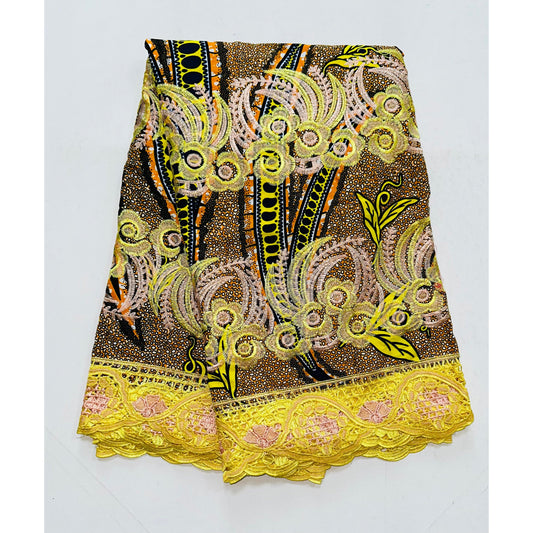 African Print Lace Fabric/ Ankara - Yellow, Orange, Navy 'Iyahen Swirl', Yard or Wholesale