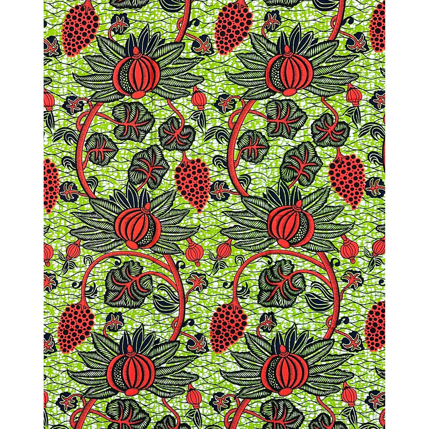 African Print Fabric/ Ankara - Green, Dark Orange, Black "New Growth Market" Design, Yard