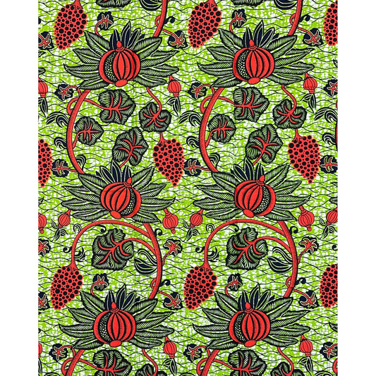 African Print Fabric/ Ankara - Green, Dark Orange, Black "New Growth Market" Design, Yard