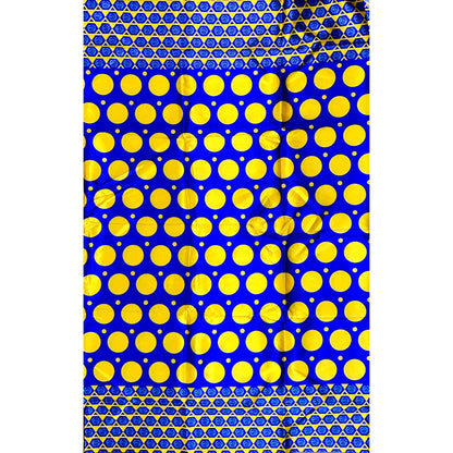 African Print, Satin Fabric - Blue, Yellow "Circles of Eliud", Per Yard or Wholesale