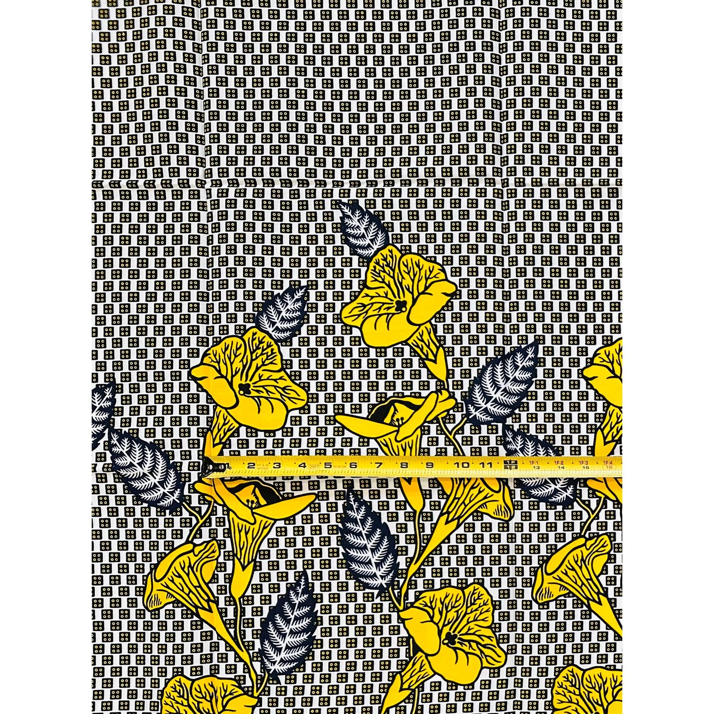 African Print Fabric/Ankara - Yellow, White, Navy "Sọ́lá Drift" Design, Per Yard
