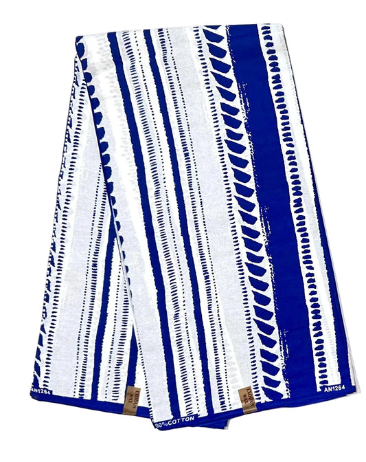 African Print Fabric/ Ankara - Blue, White 'Salt & Story', Yard or Wholesale
