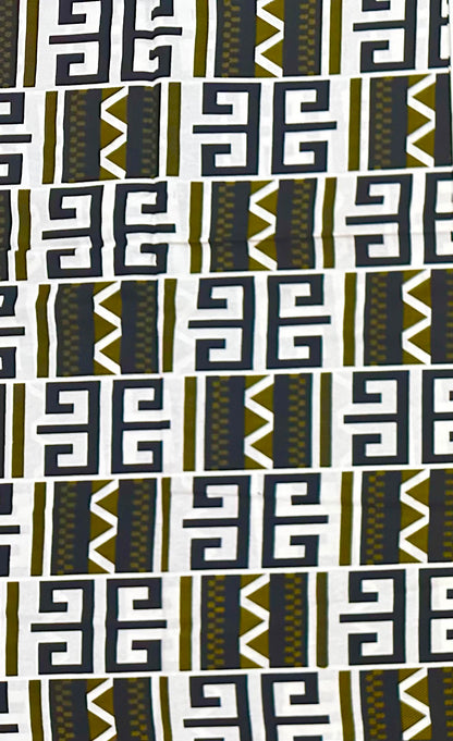 African Print Fabric/ Ankara - Green, White, Black 'Inheritance Lines' Design, YARD or WHOLESALE