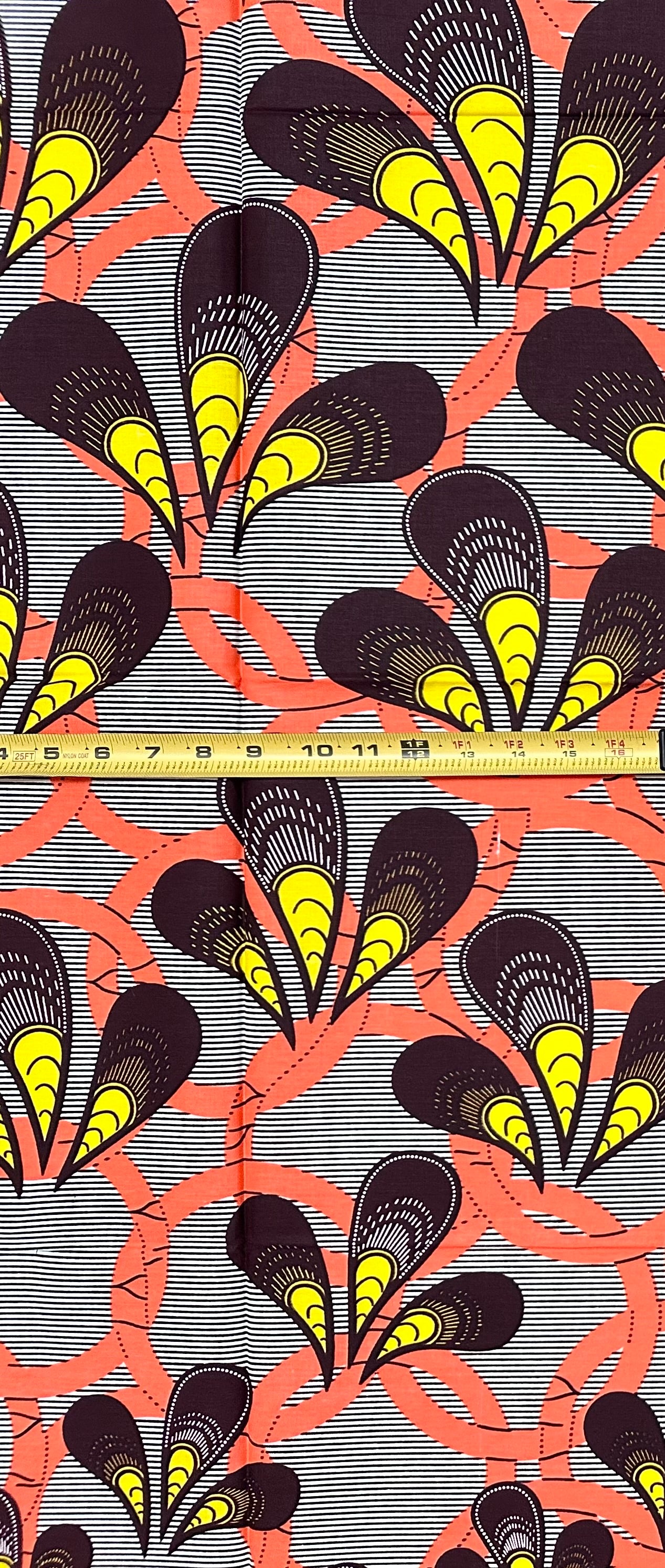 African Print Fabric/ Ankara - Coral, Yellow, Brown "Joy Is An Inheritance", 1 Yard