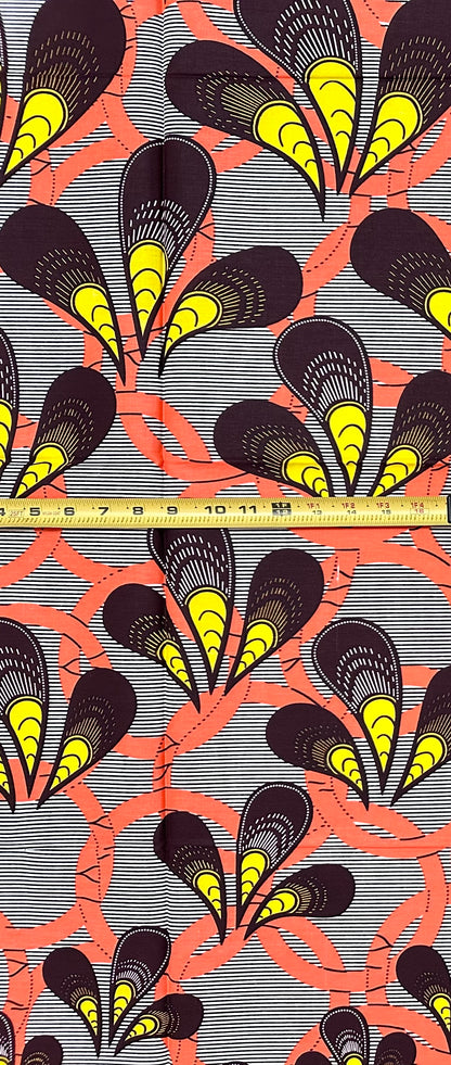 African Print Fabric/ Ankara - Coral, Yellow, Brown "Joy Is An Inheritance", 1 Yard