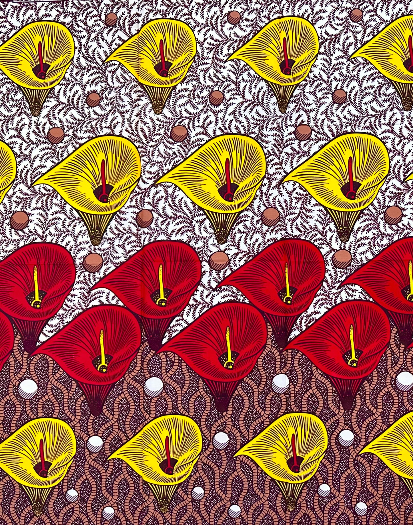 African Print Fabric/ Ankara - Red, Yellow, White, Brown "Fire Lily of Mali", 1 YARD