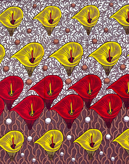 African Print Fabric/ Ankara - Red, Yellow, White, Brown "Fire Lily of Mali", 1 YARD